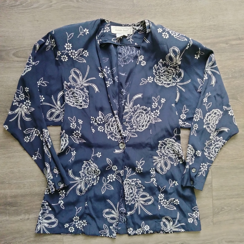 Vintage Michelle Stuart Navy Floral Blazer Jacket Size 6 Made in USA 100% Rayon